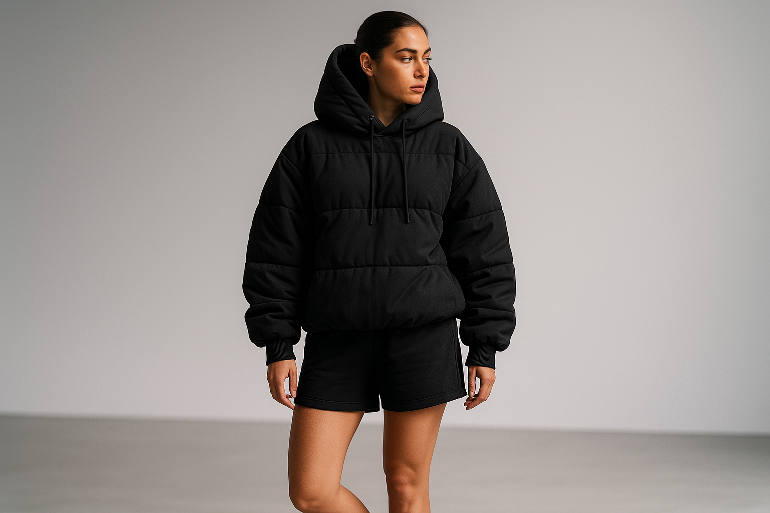 A GIRL WEARING FULL BLACK HOODIE VERY MINIMALIST AND DESGINED LOOKING IN A STUDIO CANDID PIC NOT AT CAMERA LOOKING VERY HOT AND SEXY CURVES AND GOOD GROWN BOOBS AND ASS LIKE A 25 YEAR OLD SEXUALL YATRATCIVE WEARING THIS HOODI AND IN PORTRAIT MODE AND LOOK LIKE SHOT WITH DSLR AND HIGH END SHOOT ANDHOODIE TO BE PUFFED AMND GIRL TO BE SEXUALLY ATRACTIEE AND A SHORTS OF THE SAME COLOR WITH A GOOD SNEAKERS